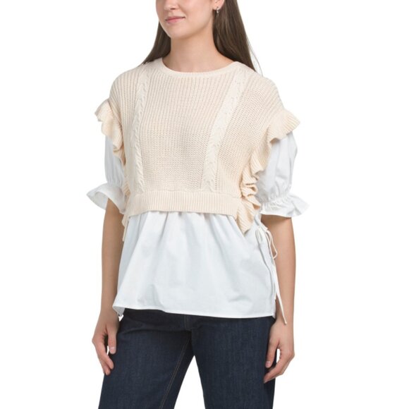 GILLI Tan Multi Round Neck Mixed Media Sweater - Picture 1 of 2